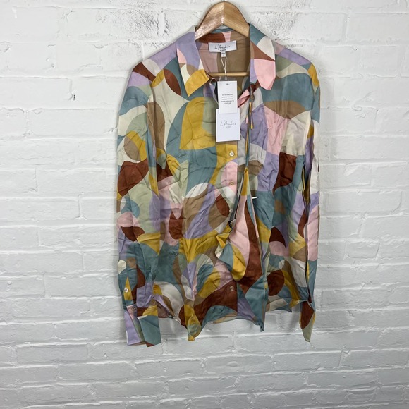 L'academie Women's Button Down Blouse Top Long Sleeve Collar Neck Multi SZ L NWT - Picture 6 of 9